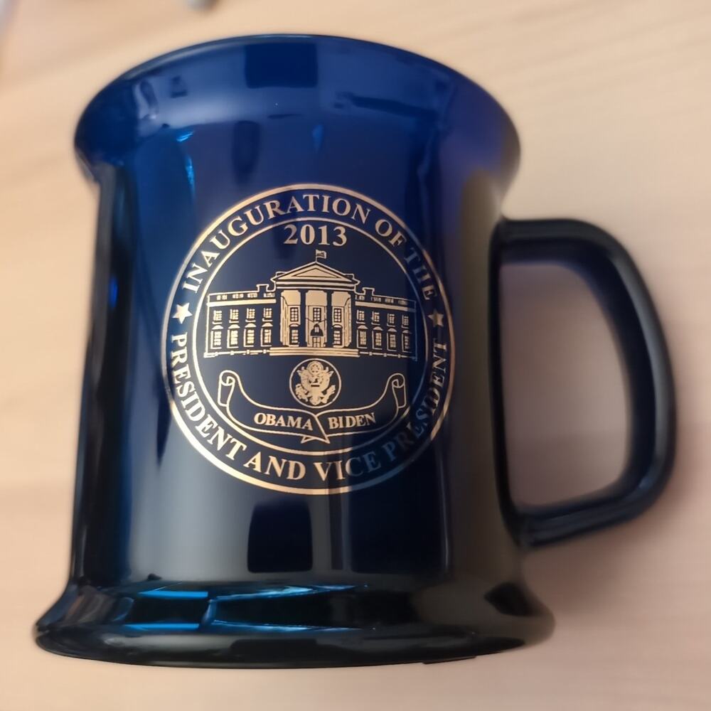 Barack Obama Coffee Mug Cobalt Blue Glass Gold Presidential Inauguration 2013